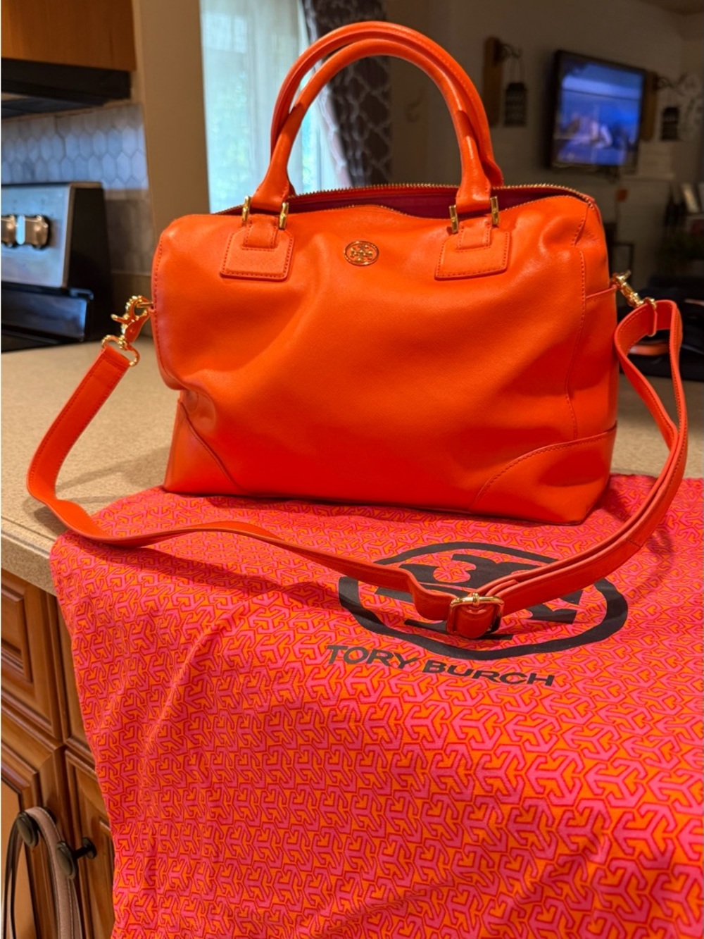 Tory Burch Bright Orange Leather Satchel with Removable Strap